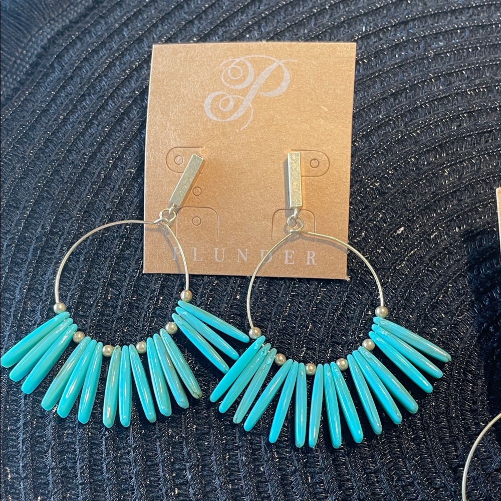 2 PAIRS Plunder Turquoise Spike Fringe Hoop Earrings - Gold Tone NEW